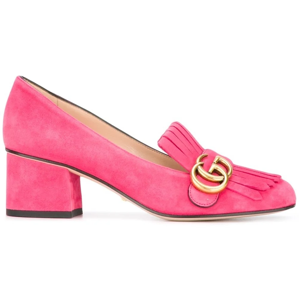 Gucci Pink Suede Block Heel Loafers with Gold Double G - Picture 2 of 5
